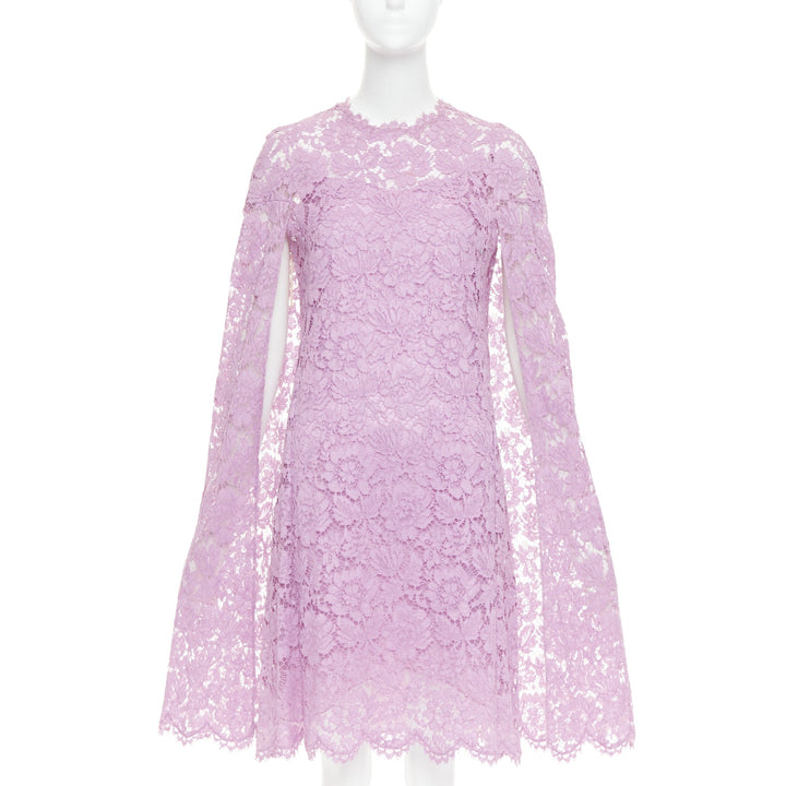 VALENTINO purple floral lace cape sleeve silk lined mini dress IT40 S