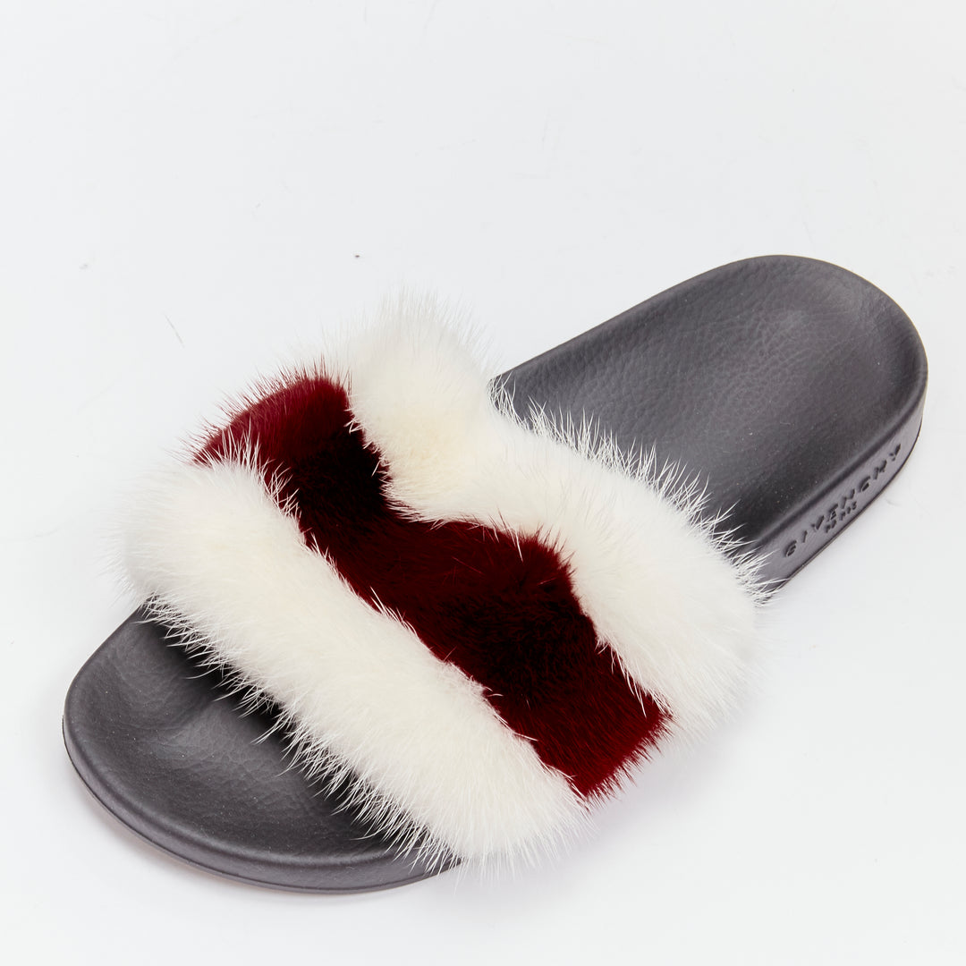 GIVENCHY Tisci fox fur red white stripes debossed logo black pool slides EU38