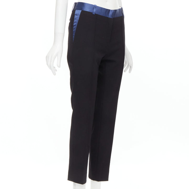 OLD CELINE Phoebe Philo blue silk trimmed black wool pleated trousers FR34 XS