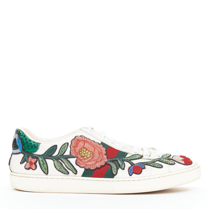 GUCCI Ace white leather pink floral embroidered patch sneakers EU37.5