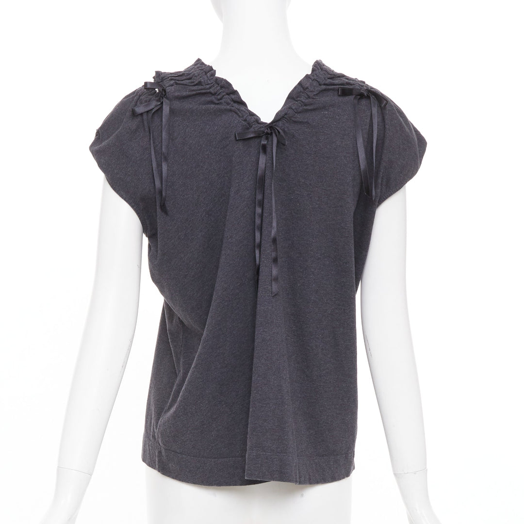 SIMONE ROCHA gray cold shoulder ruched ribbon detail puff sleeve cotton top S