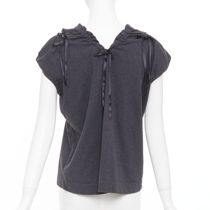 SIMONE ROCHA gray cold shoulder ruched ribbon detail puff sleeve cotton top S