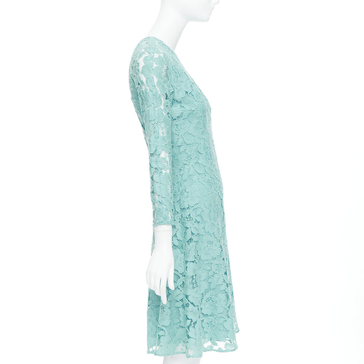 OSCAR DE LA RENTA P16 turquoise green cotton blend floral lace dress US0 XS