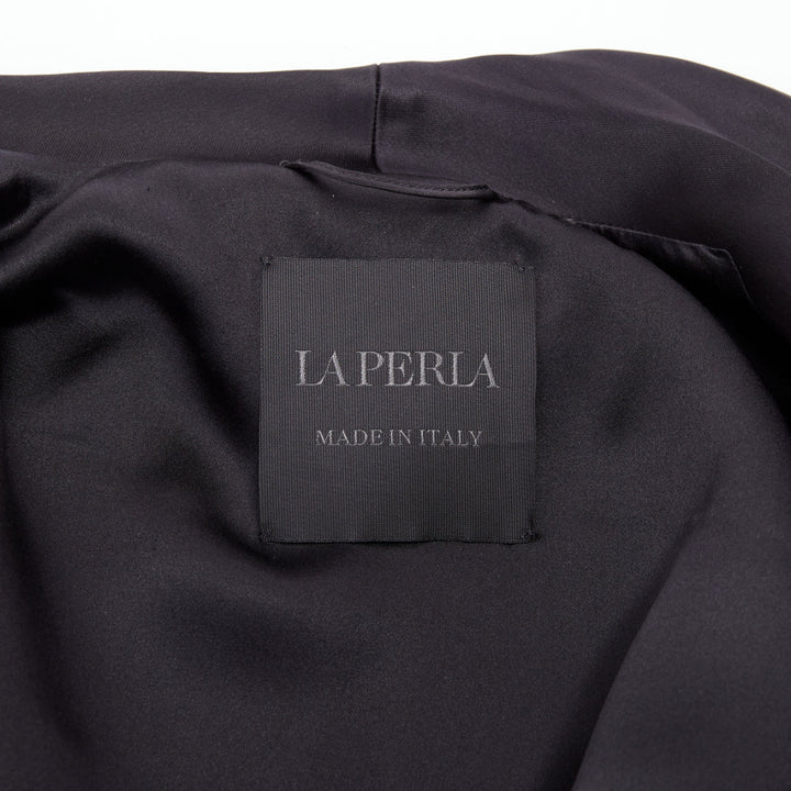 LA PERLA navy blue textured chevron jacquard silk shawl lapel smoking jacket