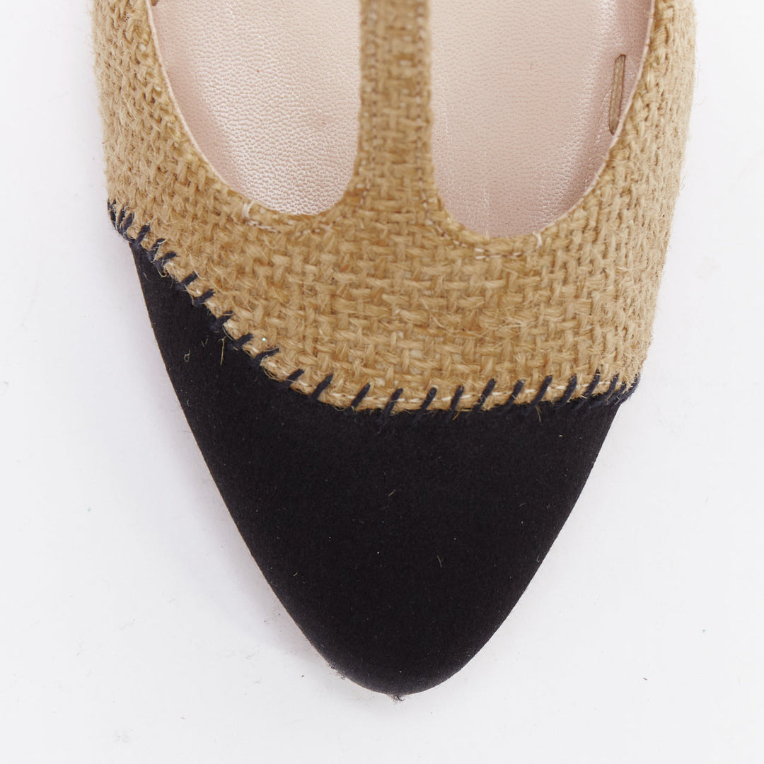 MIU MIU beige black jute satin bow back t strap maryjane pumps EU37.5