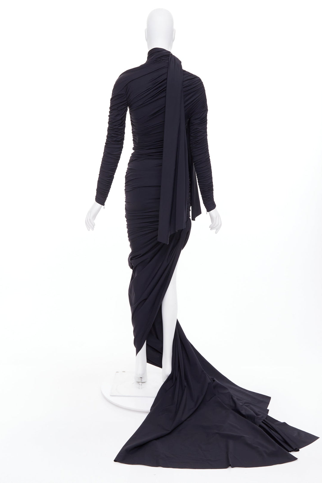 BALENCIAGA Demna 2021 Runway black gathered knot draped long train gown FR36 S
