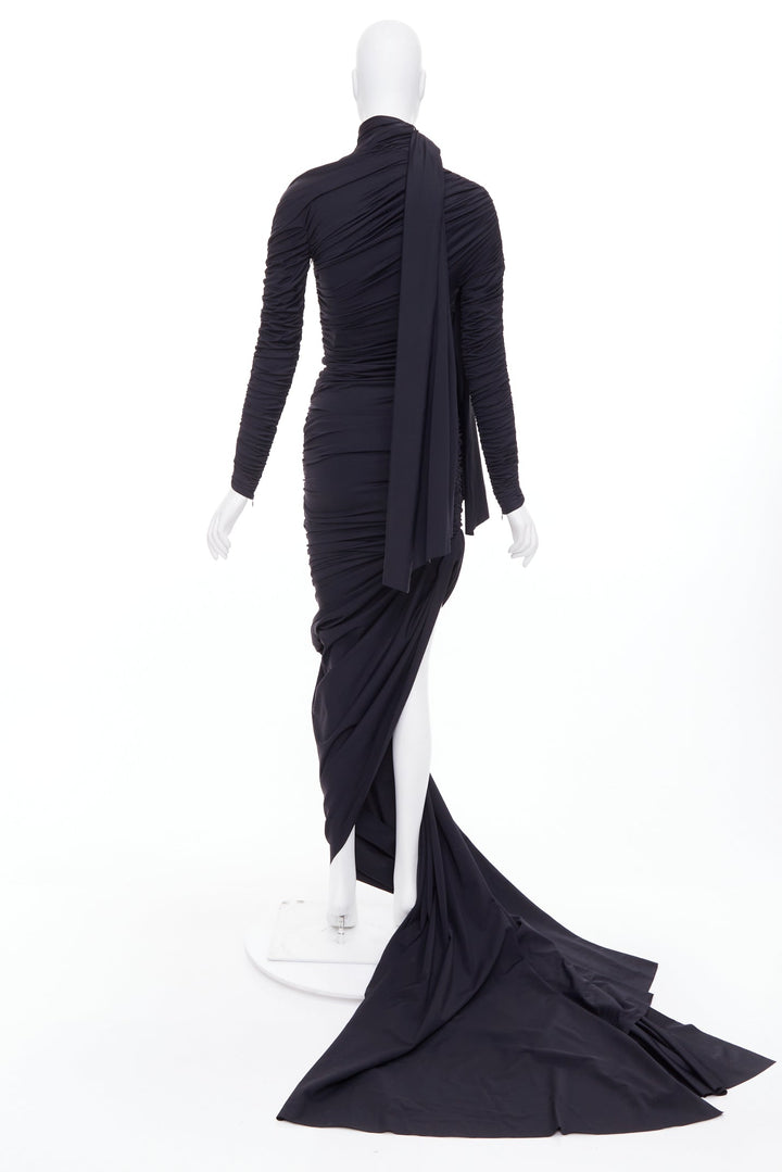 BALENCIAGA Demna 2021 Runway black gathered knot draped long train gown FR36 S
