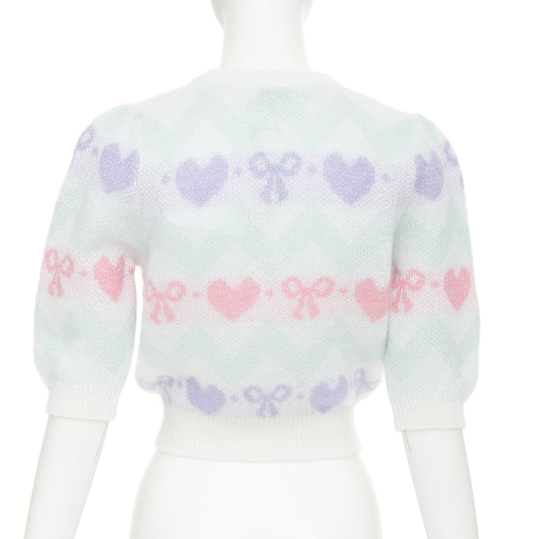 ALESSANDRA RICH Pastel hearts bows jacquard metallic mohair blend top IT38 XS