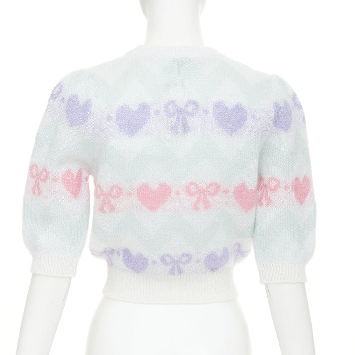 ALESSANDRA RICH Pastel hearts bows jacquard metallic mohair blend top IT38 XS