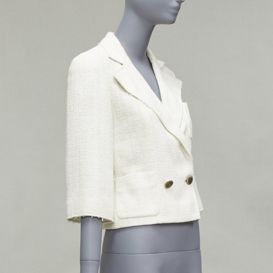 CHANEL white cotton tweed CC embroidery pocket cropped schoolboy jacket FR36 S