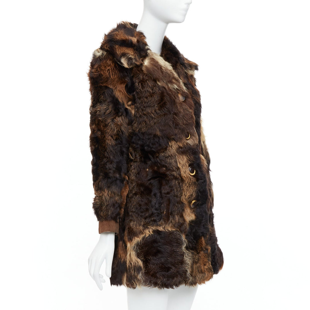 FRYLANE PARIS mixed texture brown genuine fur large button front leather coat