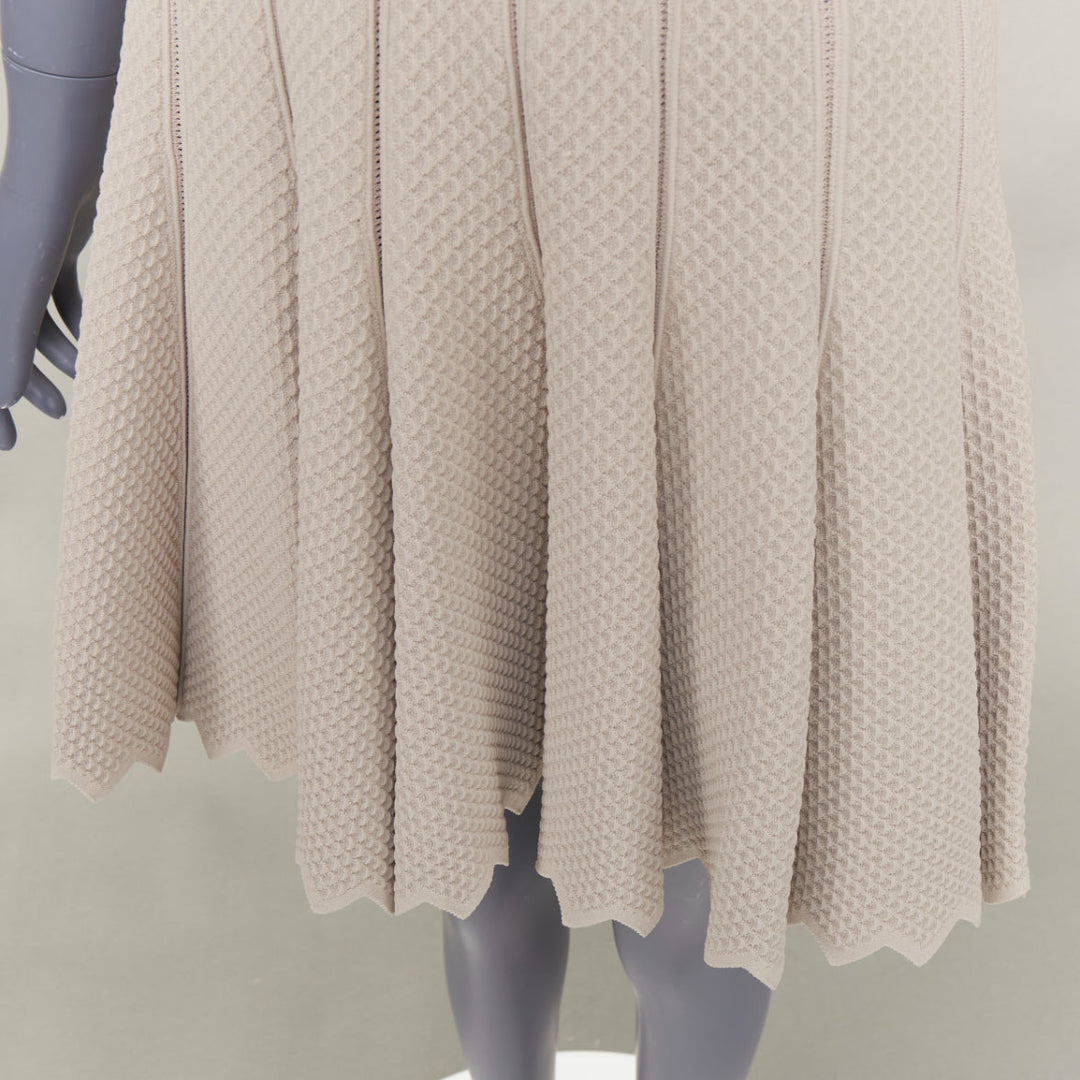 ALAIA beige viscose chevron cellular jacquard lattice scalloped dress FR38 M