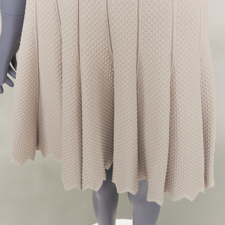 ALAIA beige viscose chevron cellular jacquard lattice scalloped dress FR38 M