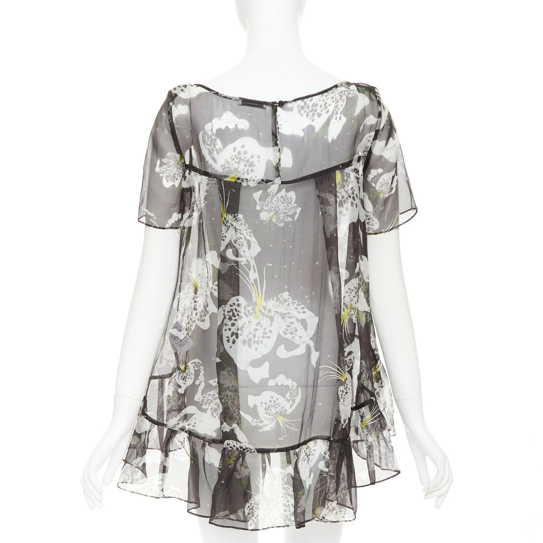 ERDEM 100% silk black yellow sheer floral waterfall frill babydoll top UK10 M