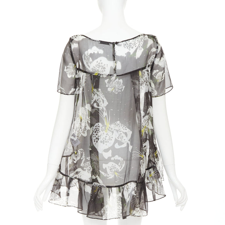 ERDEM 100% silk black yellow sheer floral waterfall frill babydoll top UK10 M