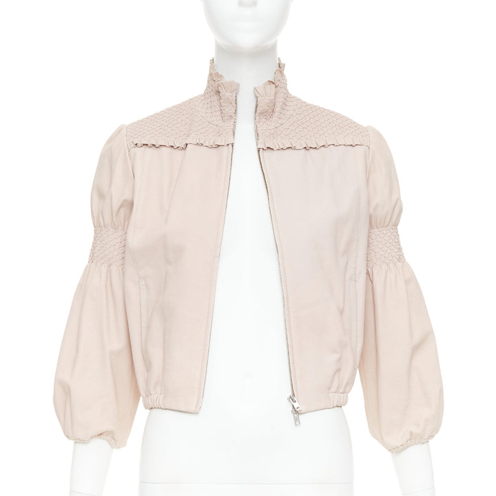 MIU MIU 2019 baby pink smocked lambskin leather ruffled puff crop jacket IT40 S