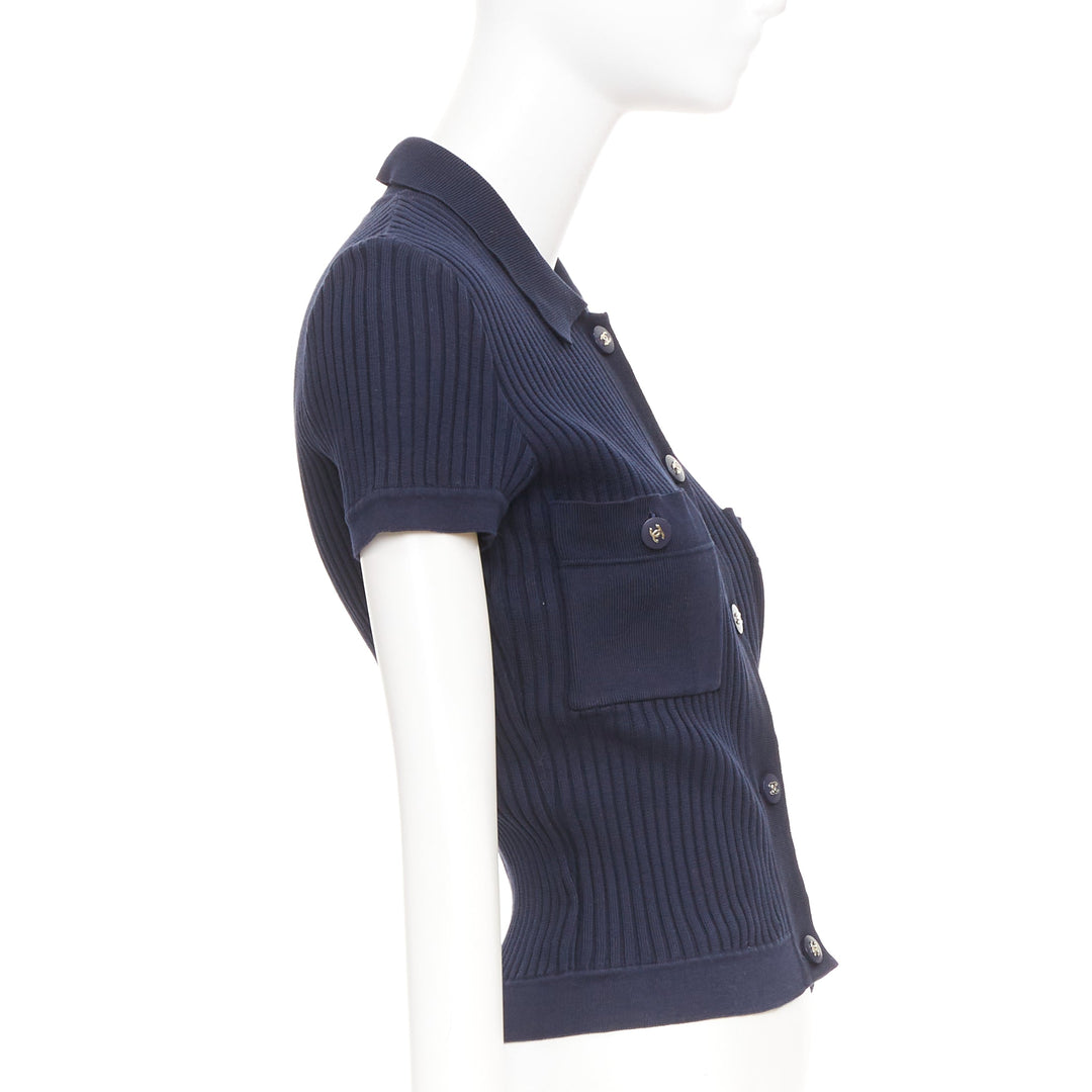 CHANEL 1997 Vintage navy cc logo button pocket collared polo knitwear top FR36 S