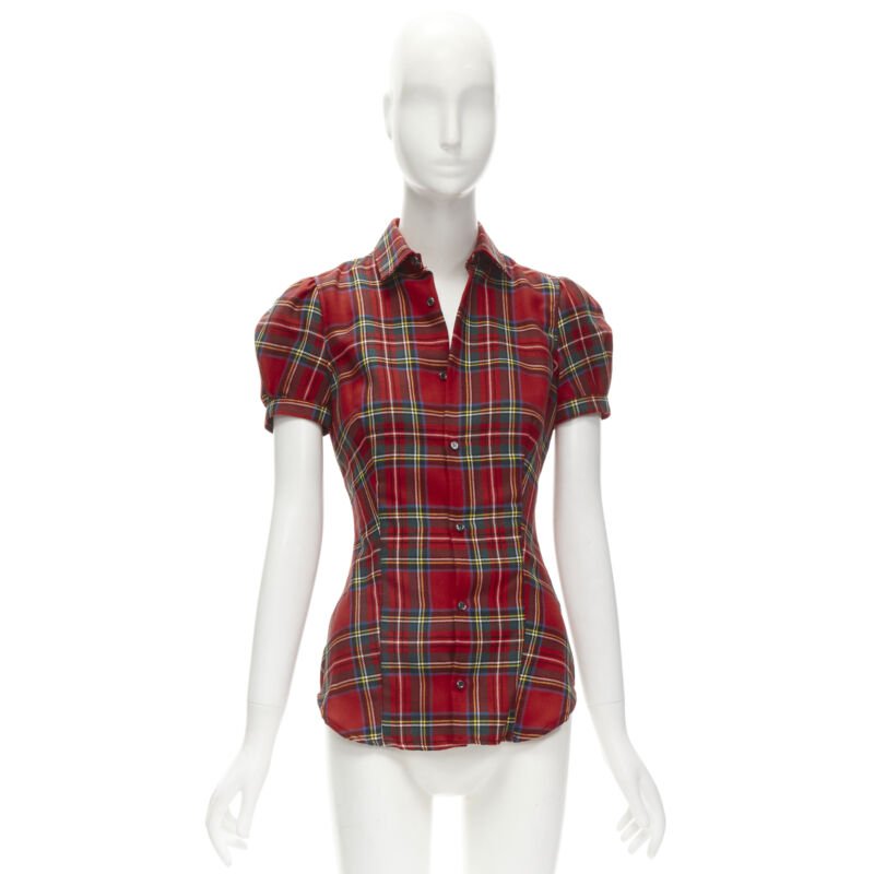 DSQUARED2 red punk plaid puff sleeve contour seam fitted shirt XS