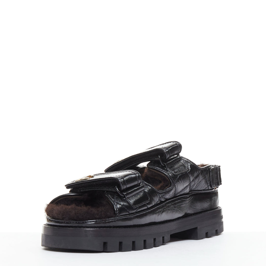 CHANEL 2023 black laminated lambskin shearling crystal CC dad sandals EU37