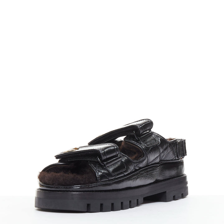 CHANEL 2023 black laminated lambskin shearling crystal CC dad sandals EU37