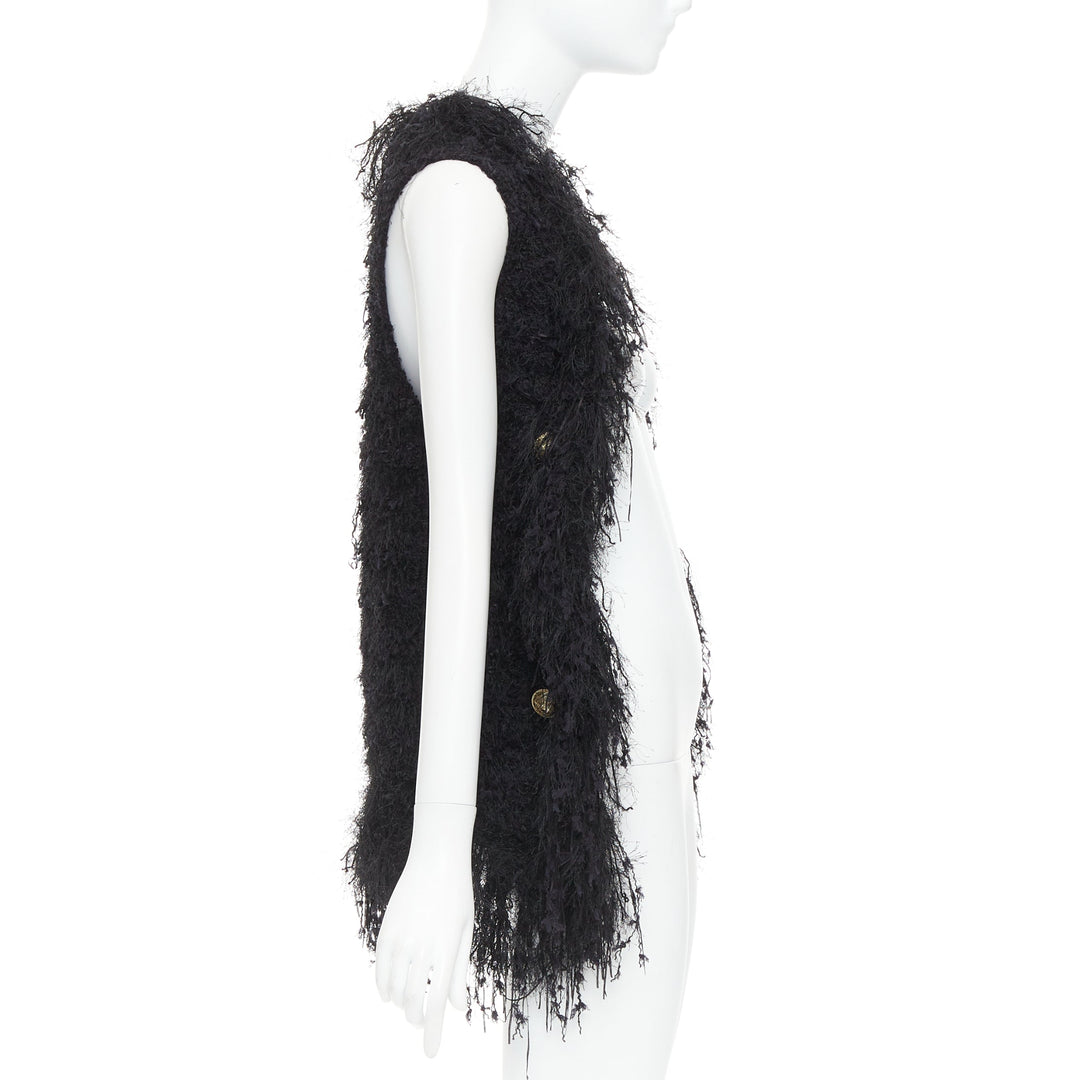 BALMAIN black fringe tweed gold varsity buttons drape front vest FR36 S