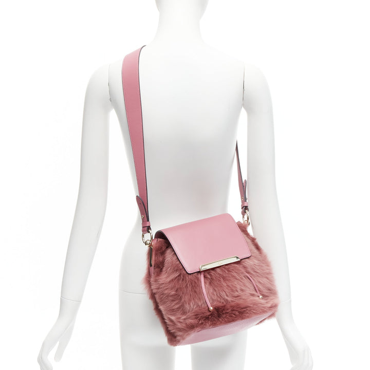 rare CHRISTIAN LOUBOUTIN Luckyl pink lamb fur 2 way shoulder bucket bag backpack