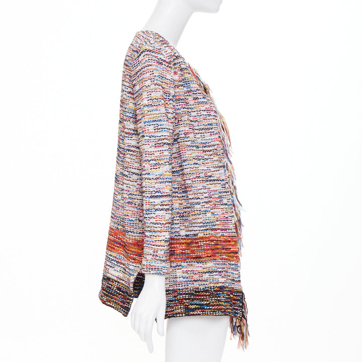 ST JOHN COUTURE multicolor rainbow ribbon trim tweed fringe knit cardigan M