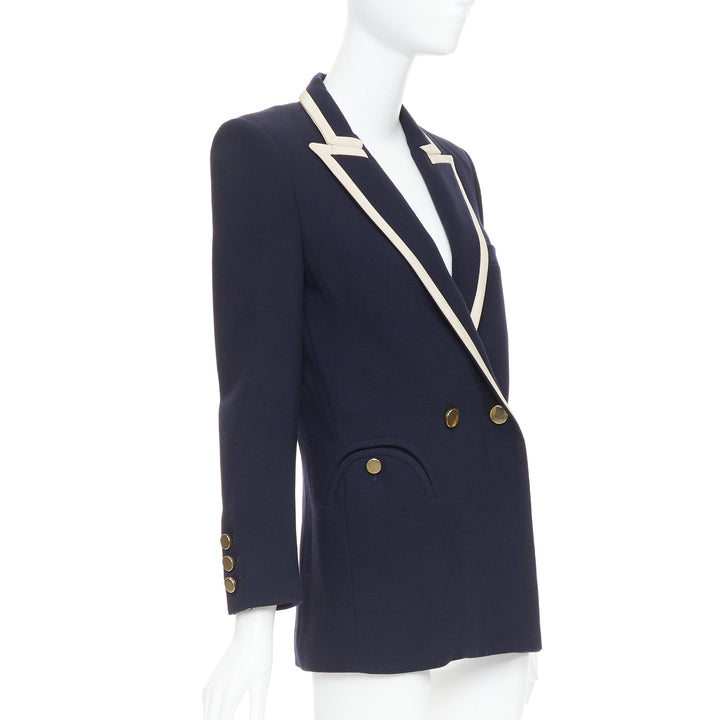 BLAZE MILANO Everyday navy virgin wool cream silk curved pocket blazer US0 XS