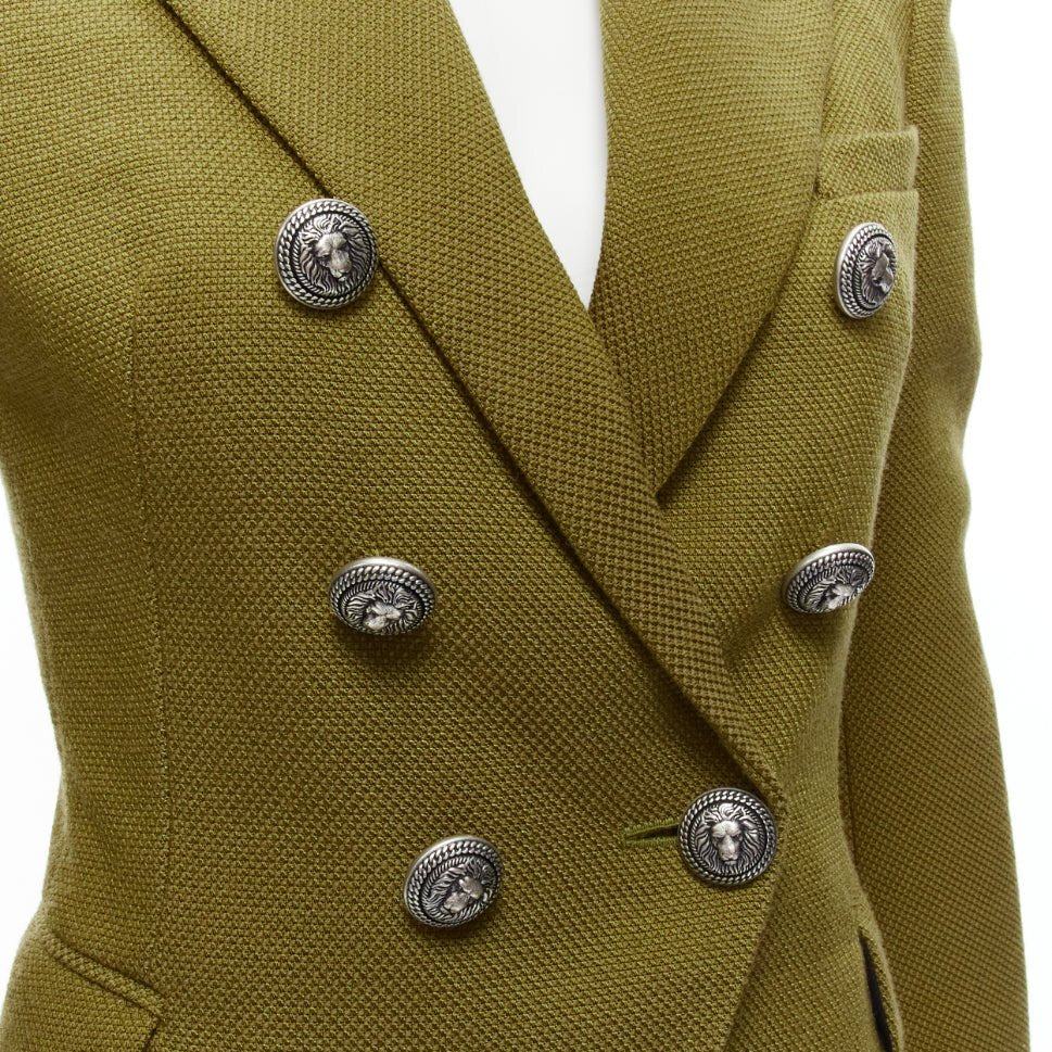 BALMAIN green silver lion button double breasted military blazer jacket FR36 S