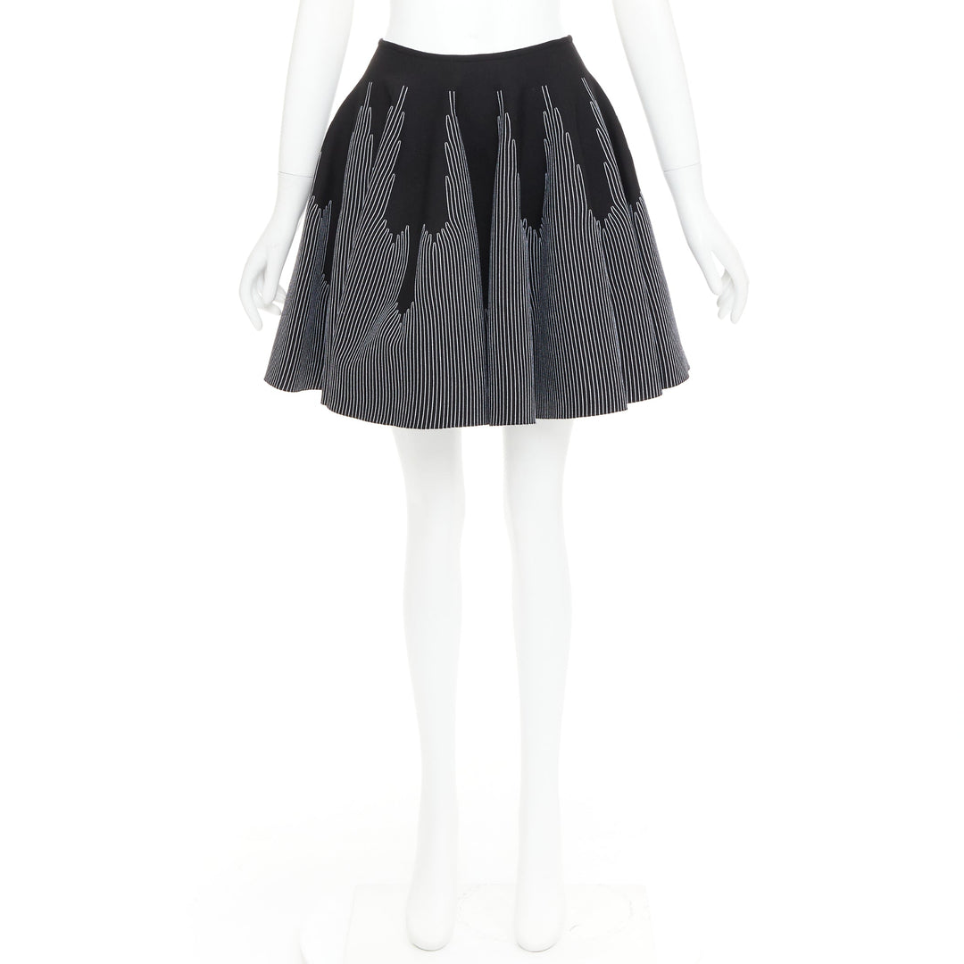ALAIA black white wool blend topstitch flared high waist skater skirt FR38 M
