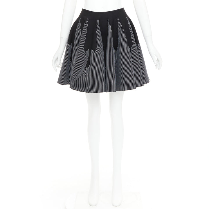 ALAIA black white wool blend topstitch flared high waist skater skirt FR38 M
