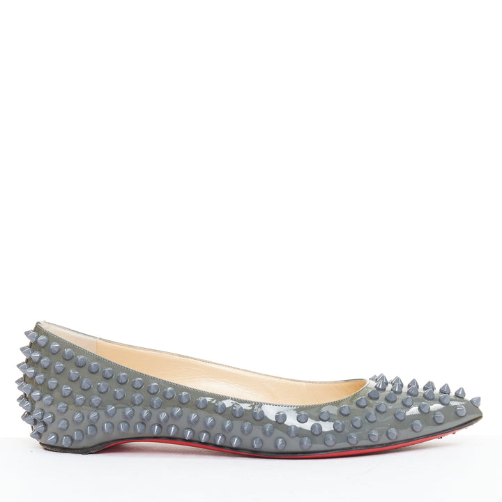 CHRISTIAN LOUBOUTIN Pigalle Spikes Flat grey patent studded ballet flats EU37.5