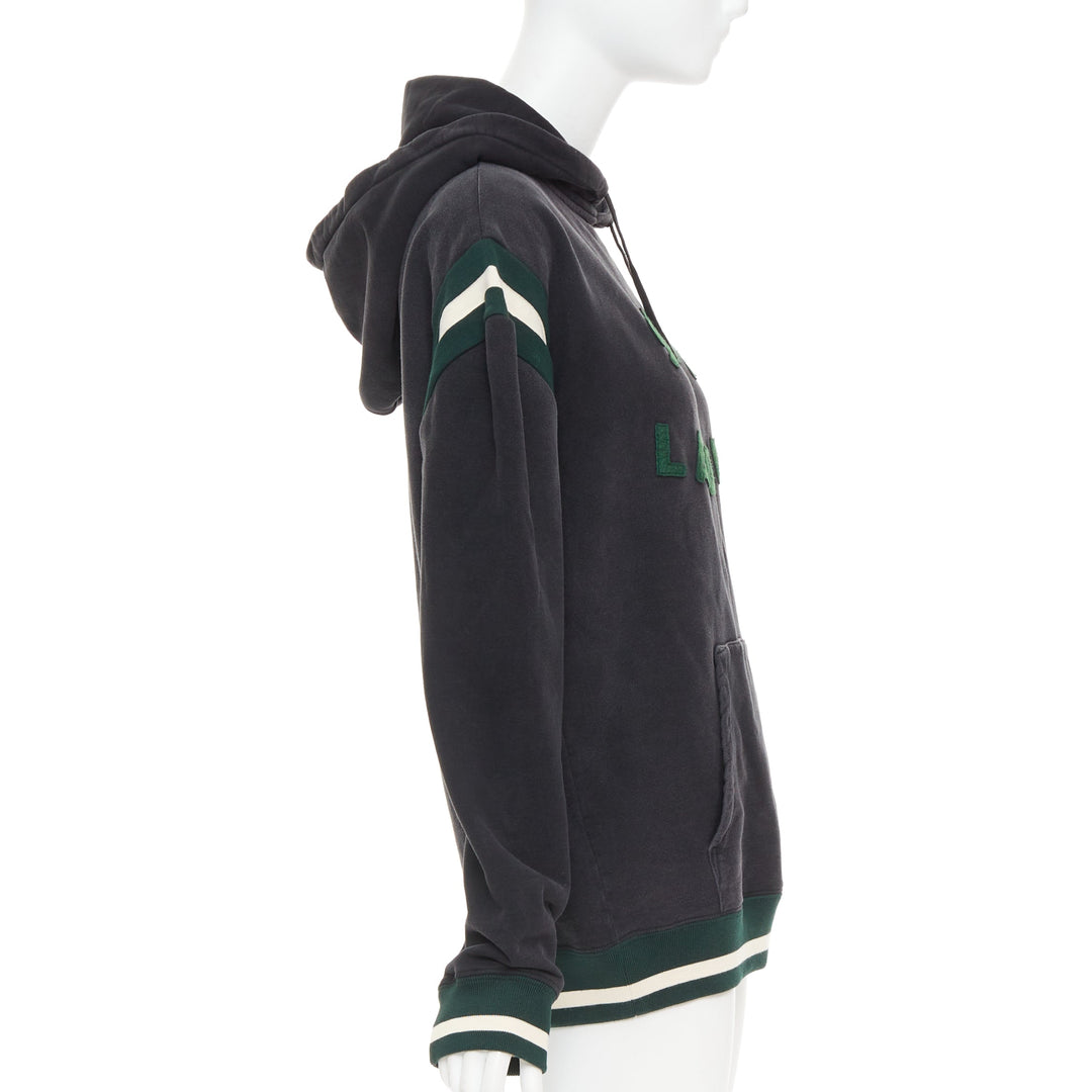 SAINT LAURENT 2022 grey washed cotton green alpaca logo patch varsity hoodie XS