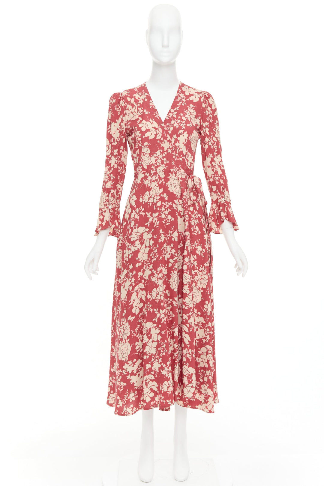 POLO RALPH LAUREN red beige floral print flare sleeve wrap dress US2 S