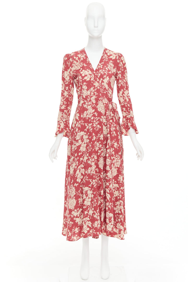 POLO RALPH LAUREN red beige floral print flare sleeve wrap dress US2 S