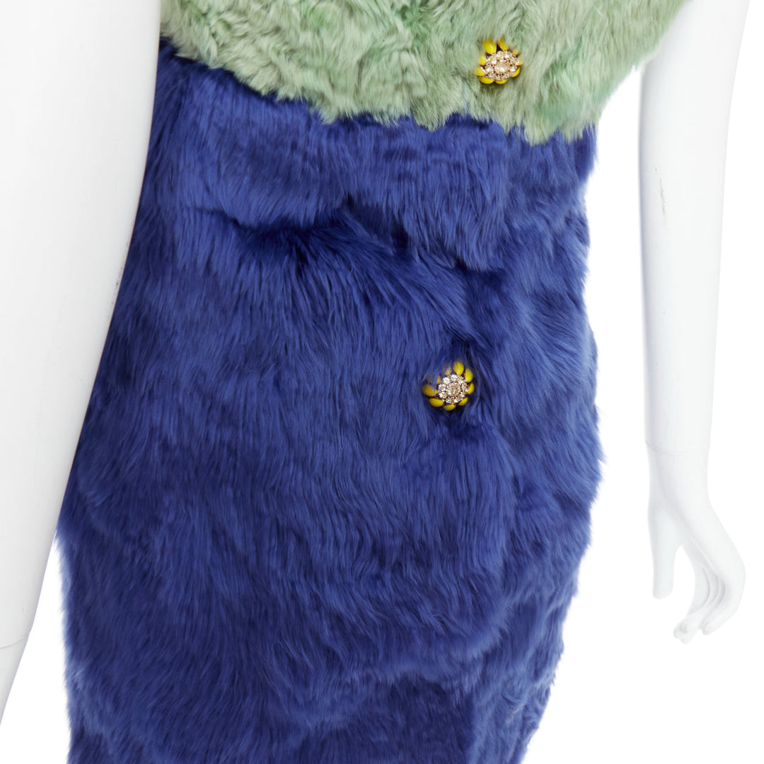 DOLCE GABBANA 2014 Runway blue green fur floral crystal button dress IT36 XXS