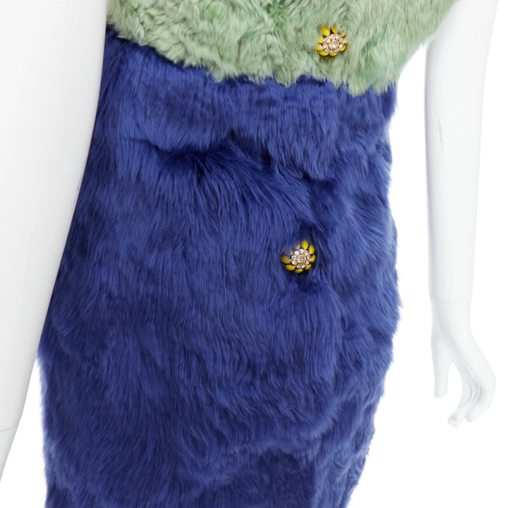 DOLCE GABBANA 2014 Runway blue green fur floral crystal button dress IT36 XXS