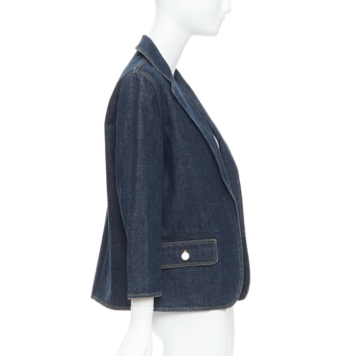 CHANEL Vintage dark indigo denim CC logo buttons blazer