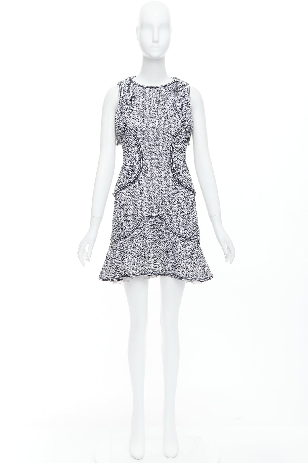 CHANEL 2015 Runway grey cotton tweed CC button ruffle dress FR36 S