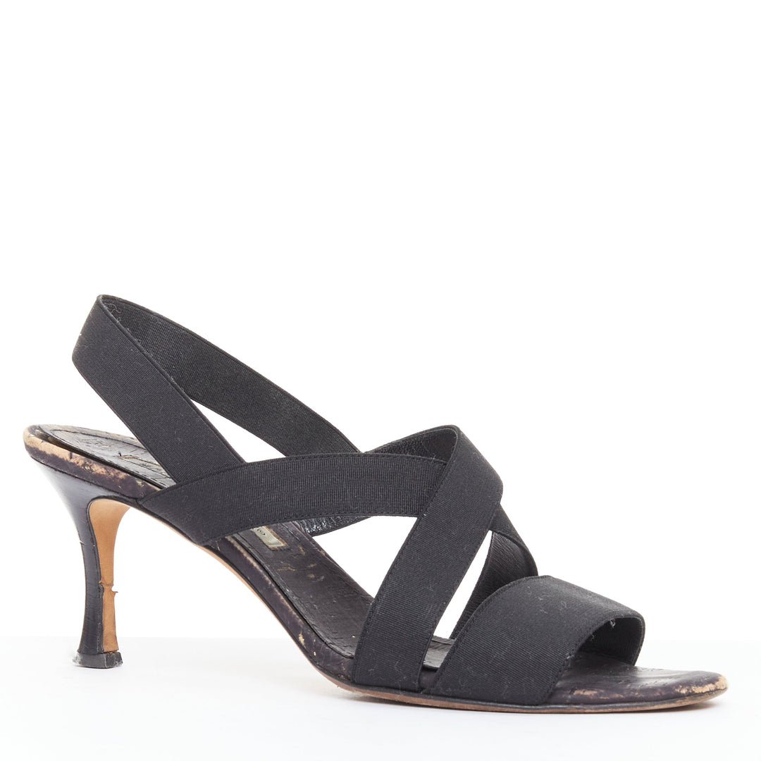 MANOLO BLAHNIK black elastic strap cork sole spool mid sandals EU37