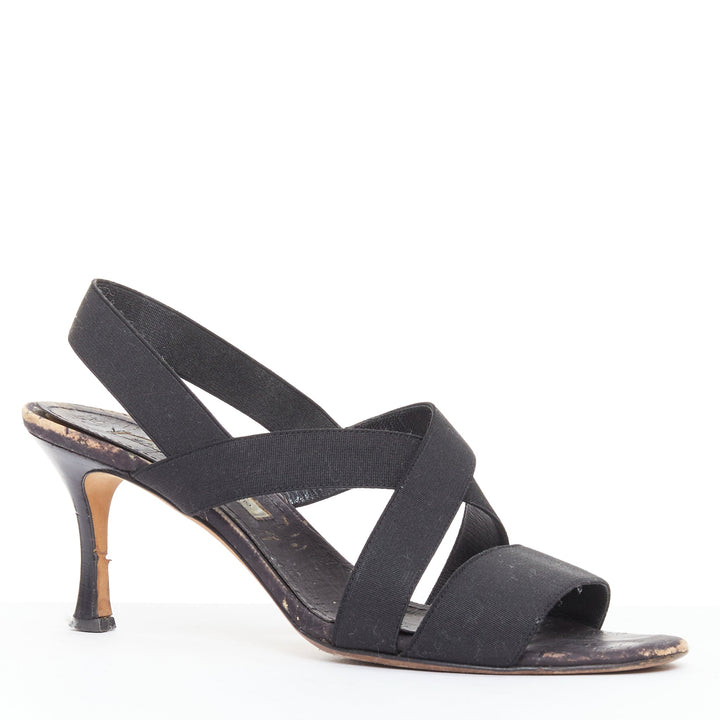 MANOLO BLAHNIK black elastic strap cork sole spool mid sandals EU37