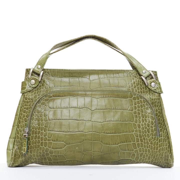 MARNI olive green croc embossed leather front zip pocket satchel bag