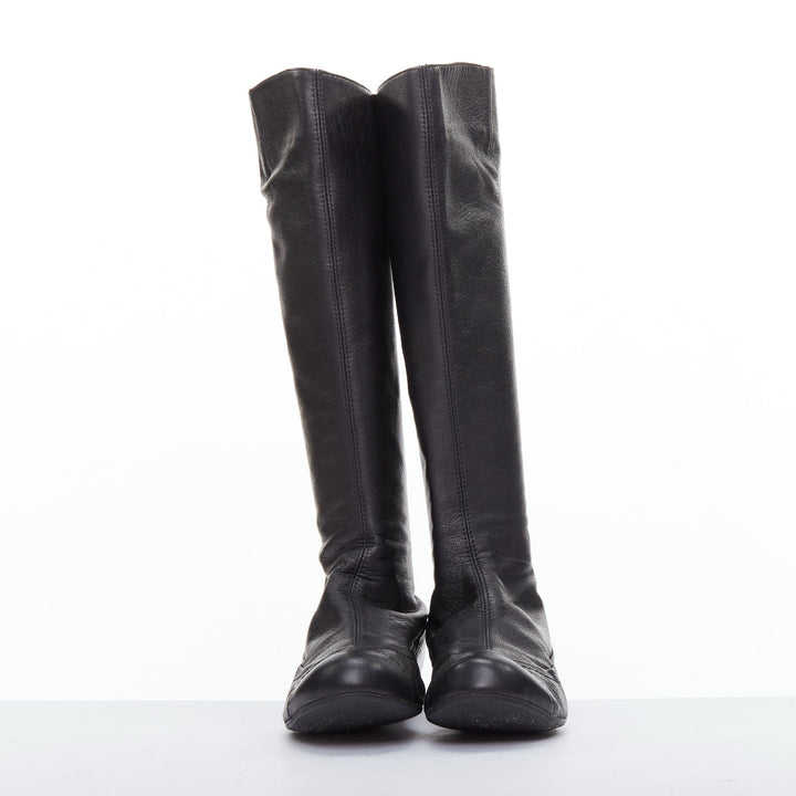 LANVIN black soft leather round toe panelled flat long boots