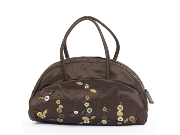 PRADA Vintage brown satin leather beads embroidered top handle bag