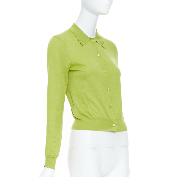 MIU MIU 2024 pistacchio green logo cashmere silk polo collar cardigan IT40 S