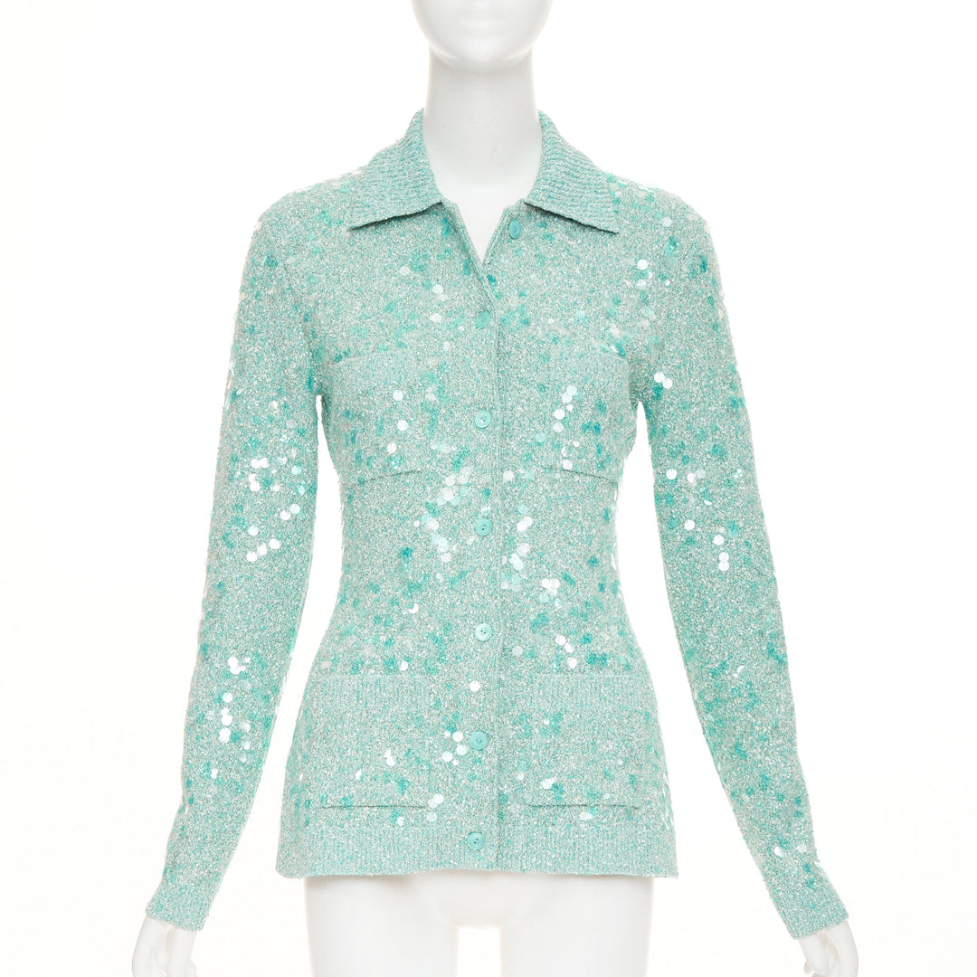 GUCCI 2024 Tweed Blend Polo acid turquoise sequin knit cardigan S