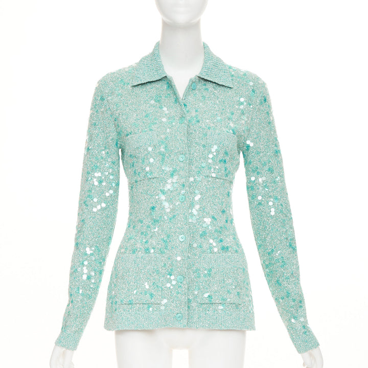 GUCCI 2024 Tweed Blend Polo acid turquoise sequin knit cardigan S