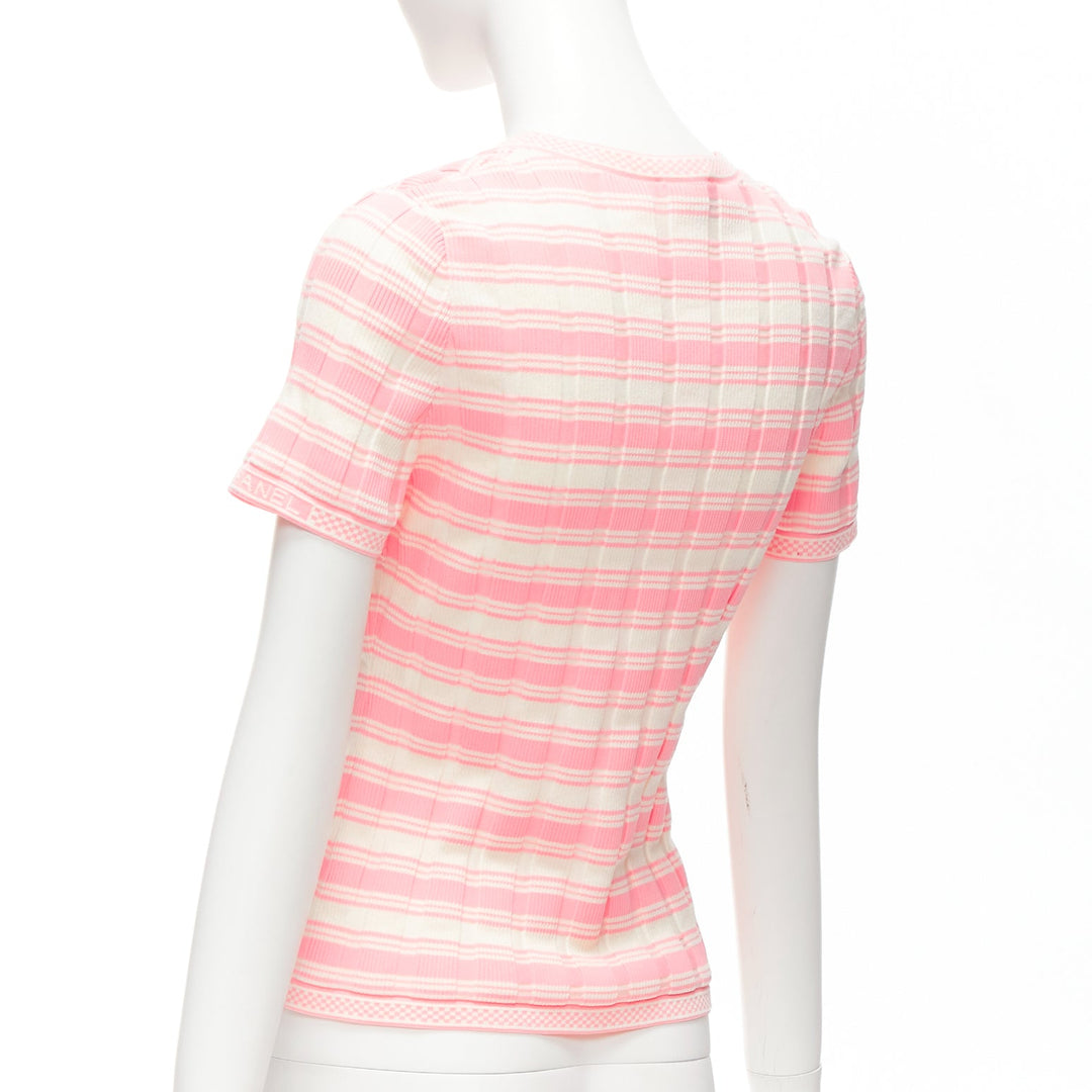 CHANEL 23C white pink stripe logo charm short sleeve ribbed sweater FR40 L