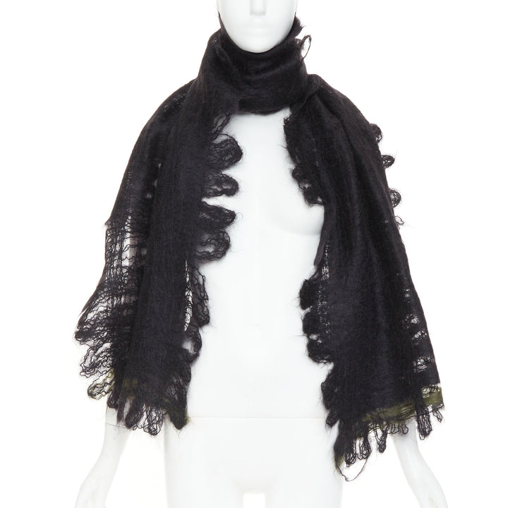 ROHKA black green distressed abstract weave cut out lattice knit wrap scarf