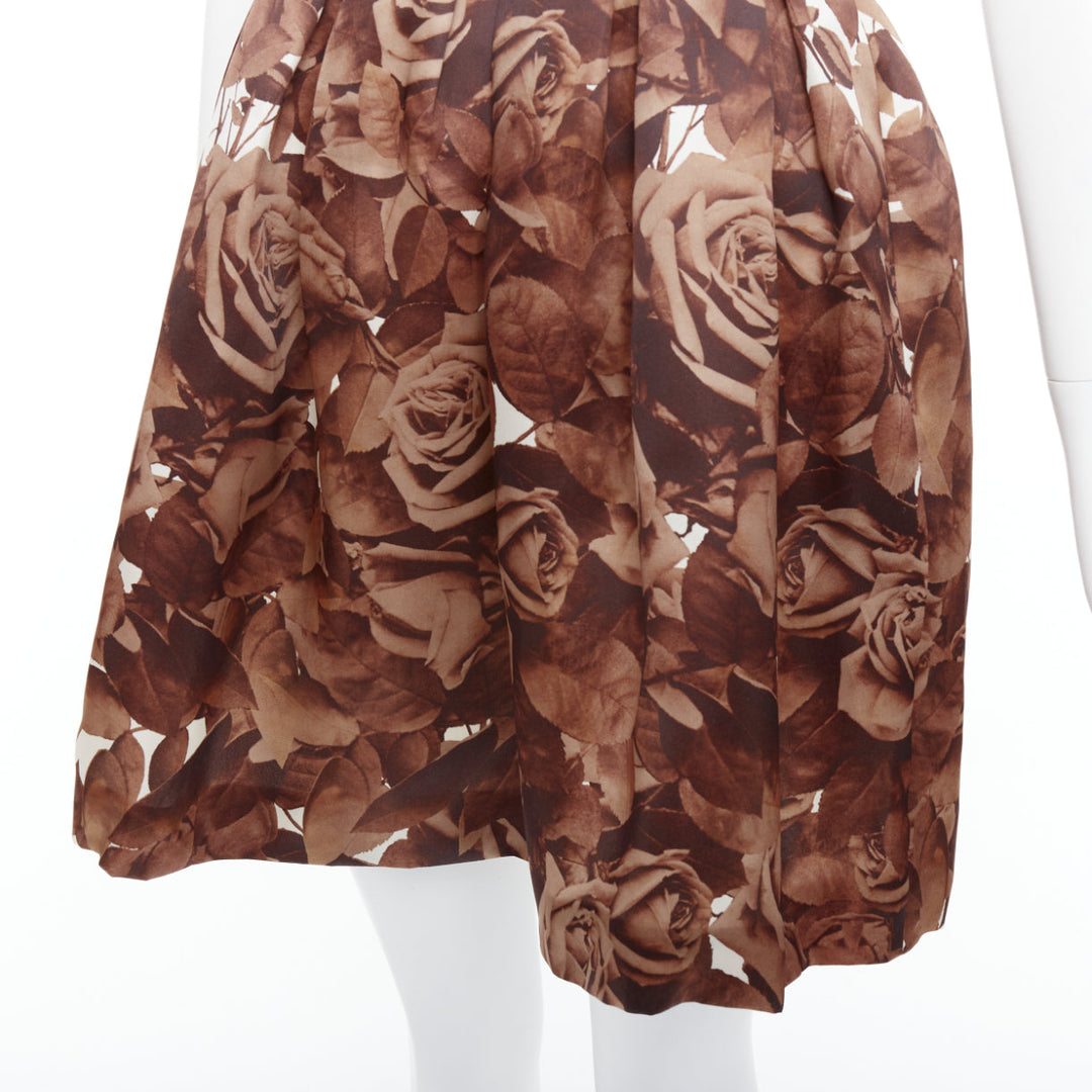 CHRISTOPHER KANE 100% silk brown rose floral print fit flare dress UK8 S